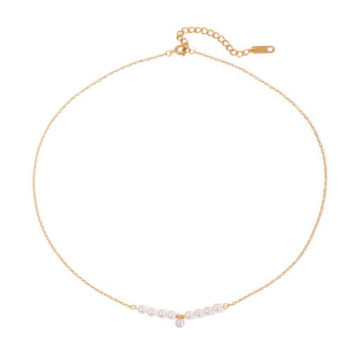 Stainless Steel Jewelry Necklace, 304 Stainless Steel, with Cubic Zirconia & Plastic Pearl, 18K gold plated, fashion jewelry & for woman, Sold By PC