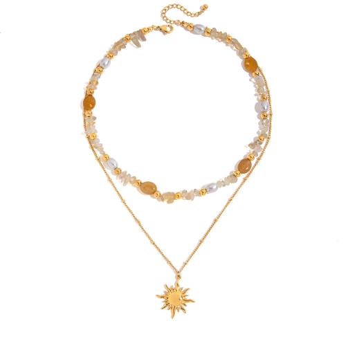 Stainless Steel Jewelry Necklace, 304 Stainless Steel, with Natural Stone & Glass Pearl, plated, Double Layer & fashion jewelry & for woman, Sold By PC