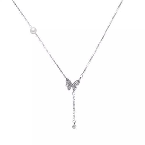 Brass Necklace, with Plastic Pearl, Butterfly, plated, fashion jewelry & with rhinestone, silver color, nickel, lead & cadmium free, 1.70x14mm, Sold By PC