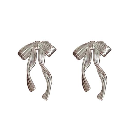 Cubic Zirconia Micro Pave Brass Earring, Bowknot, plated, fashion jewelry & micro pave cubic zirconia, silver color, nickel, lead & cadmium free, 15.80x24.50mm, Sold By Pair