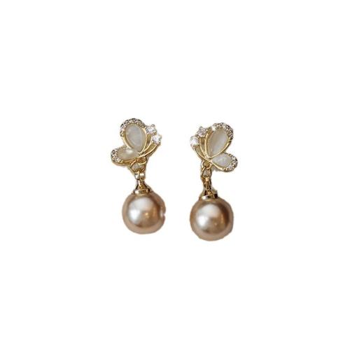 Cubic Zirconia Micro Pave Brass Earring, with Plastic, plated, fashion jewelry & imitation pearl & micro pave cubic zirconia, golden, nickel, lead & cadmium free, 10x21mm, Sold By Pair
