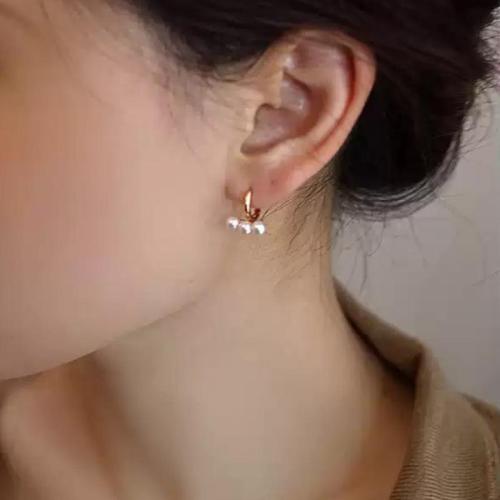 Brass Huggie Hoop Earring, with Plastic Pearl, plated, fashion jewelry, rose gold color, nickel, lead & cadmium free, 11.60x13.60mm, Sold By Pair