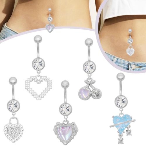 Acier inoxydable 304 anneau de ventre, avec perle de plastique & alliage de zinc, coeur, Placage, unisexe & styles différents pour le choix & avec strass, Vendu par PC