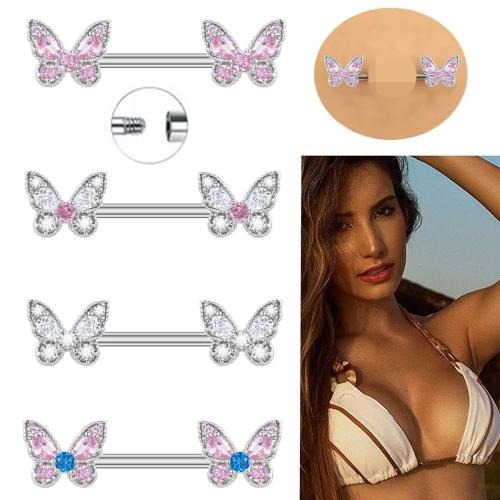 Acier inoxydable 304 anneau de mamelon, papillon, unisexe & pavé de micro zircon, plus de couleurs à choisir, 14mm, Vendu par PC