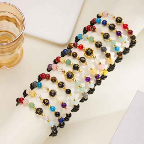 Glass Beads Bracelet, Tibetan Style, with Obsidian & Glass, 12 Signs of the Zodiac, gold color plated, fashion jewelry, more colors for choice, Sold By PC