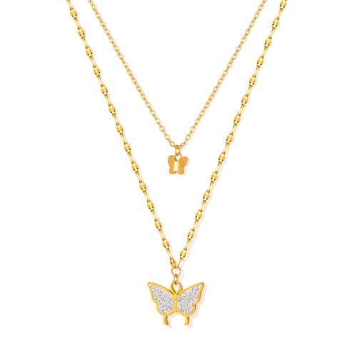 Stainless Steel Jewelry Necklace, 304 Stainless Steel, plated, Double Layer & for woman & with rhinestone, golden, Sold By PC