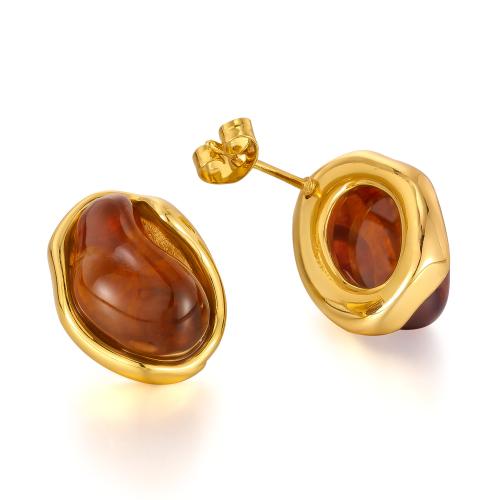 Stainless Steel Stud Earrings, 304 Stainless Steel, with Resin, plated, fashion jewelry & for woman, golden, Sold By Pair