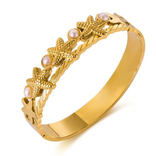Bracelet en acier inoxydable, Acier inoxydable 304, avec perle de plastique, Placage de couleur d'or, bijoux de mode & pour femme & creux, Vendu par PC