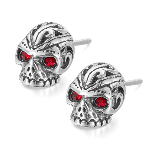 Stainless Steel Stud Earrings, 304 Stainless Steel, with Cubic Zirconia, Skull, polished, fashion jewelry & for man, original color, Sold By Pair