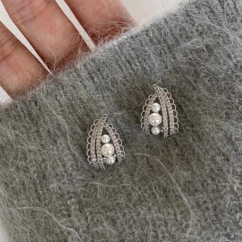 Cubic Zirconia Micro Pave Brass Earring, with Plastic Pearl, plated, fashion jewelry & micro pave cubic zirconia, more colors for choice, nickel, lead & cadmium free, 14.20x19mm, Sold By Pair