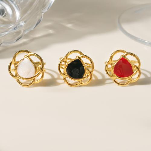 Enamel Stainless Steel Finger Ring, 304 Stainless Steel, Flower, Vacuum Plating, for woman & hollow, golden, Sold By PC