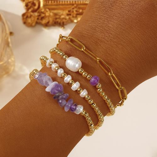 Zinklegierung Armband, mit ABS-Kunststoff-Perlen & Amethyst, goldfarben plattiert, Modeschmuck & mehrschichtig, keine, verkauft von PC