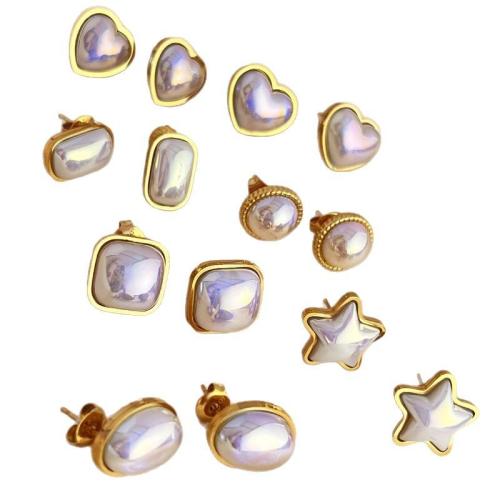 Stainless Steel Stud Earrings, 304 Stainless Steel, with Plastic Pearl, plated, fashion jewelry & different styles for choice & for woman, golden, Sold By Pair