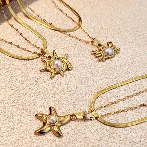 Stainless Steel Jewelry Necklace, 304 Stainless Steel, with Plastic Pearl, plated, Double Layer & different styles for choice & for woman, golden, Sold By PC
