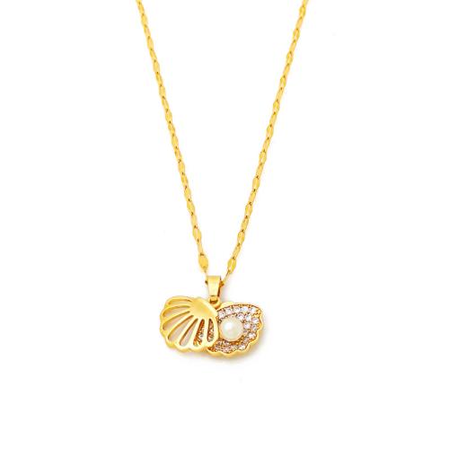 Titanium Steel Necklace, with Plastic Pearl & Brass, with 5cm extender chain, real gold plated, for woman & with rhinestone & hollow, Length:40 cm, Sold By PC