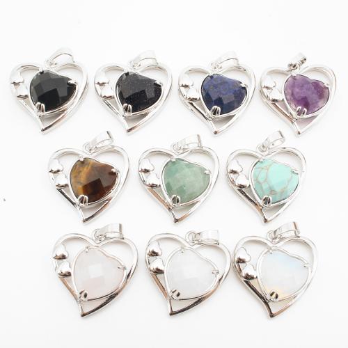 Gemstone Pendants Jewelry, Brass, with Gemstone, Heart, platinum color plated, DIY & different materials for choice & hollow, 36x27x10mm, Sold By PC