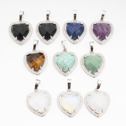 Gemstone Pendants Jewelry, Brass, with Gemstone, Heart, platinum color plated, DIY & different materials for choice & with rhinestone, 30x20x8mm, Sold By PC
