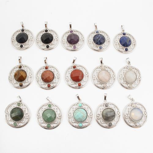 Gemstone Pendants Jewelry, Brass, with Gemstone, Round, platinum color plated, DIY & different materials for choice & hollow, 43x33x8mm, Sold By PC