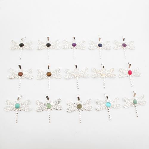 Gemstone Pendants Jewelry, Brass, with Gemstone, Dragonfly, silver color plated, DIY & different materials for choice & hollow, 37x35x4mm, Sold By PC