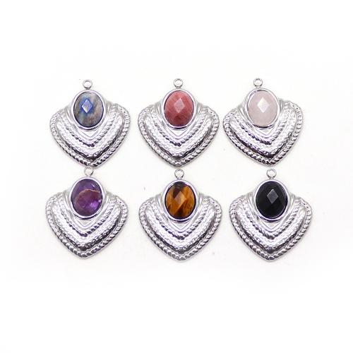 Gemstone Pendants Jewelry, 304 Stainless Steel, with Natural Stone, Heart, silver color plated, DIY, more colors for choice, nickel, lead & cadmium free, 23x25mm, Sold By PC