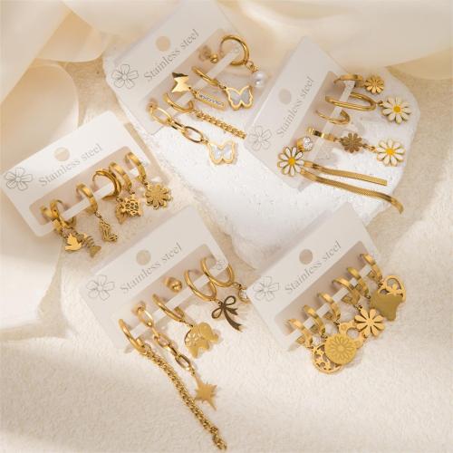 Titanium Steel  Earring, earring, with White Shell & Plastic Pearl, gold color plated, fashion jewelry & micro pave cubic zirconia & enamel, more colors for choice, Sold By Set