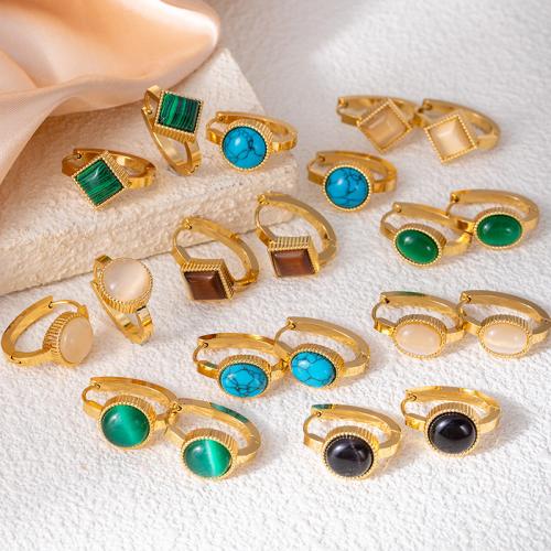 Natural Gemstone Earrings, 304 Stainless Steel, with Natural Stone, gold color plated, fashion jewelry & micro pave cubic zirconia, more colors for choice, Sold By Pair