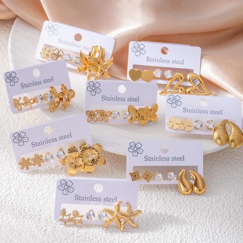 Pendiente de acero de titanio, Partículas de acero, chapado en color dorado, Joyería & micro arcilla de zirconia cúbica, más colores para la opción, 3parespareja/Set, Vendido por Set