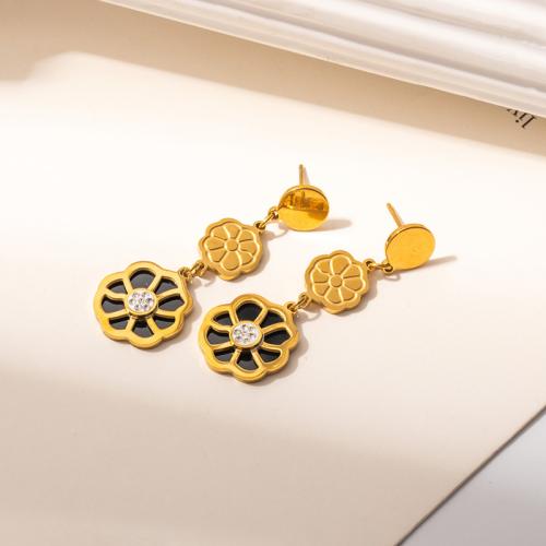 Titanium Steel  Earring, with Black Shell & White Shell, gold color plated, fashion jewelry & micro pave cubic zirconia, more colors for choice, Sold By Pair
