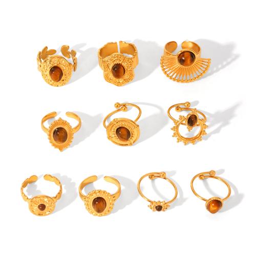 Natural Gemstone Finger Ring, 304 Stainless Steel, with Tiger Eye, plated, fashion jewelry & different styles for choice & for woman, golden, Sold By PC