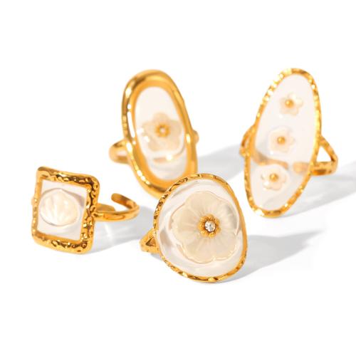 Rhinestone Stainless Steel Finger Ring, 304 Stainless Steel, with Shell & Resin, 18K gold plated, different styles for choice & for woman & with rhinestone, Sold By PC