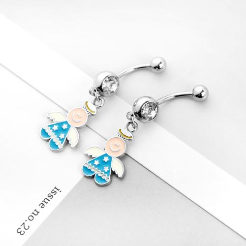 Acier inoxydable anneau de ventre, Acier inoxydable 304, ange, Placage de couleur argentée, bijoux de mode & émail & avec strass, couleurs mélangées, Vendu par PC