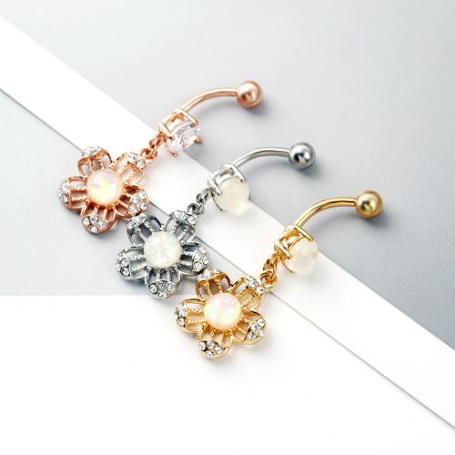 Acier inoxydable anneau de ventre, Acier inoxydable 304, avec Opale & Alliage de titane, fleur, Placage, bijoux de mode & avec strass, plus de couleurs à choisir, Vendu par PC