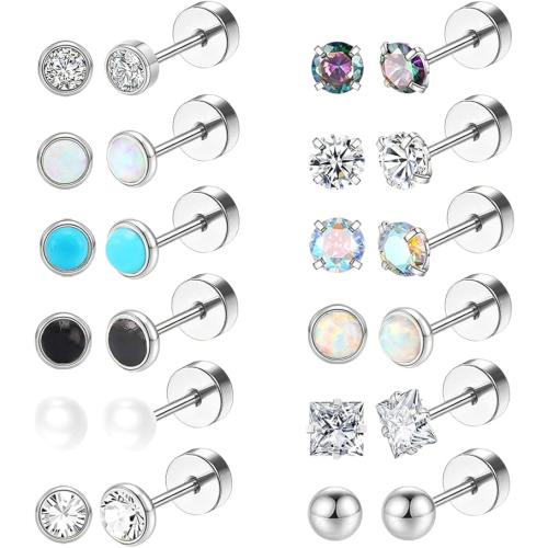 Stainless Steel Ear Piercing Jewelry, 304 Stainless Steel, with Natural Stone & Brass, plated, fashion jewelry & micro pave cubic zirconia, more colors for choice, Sold By Pair