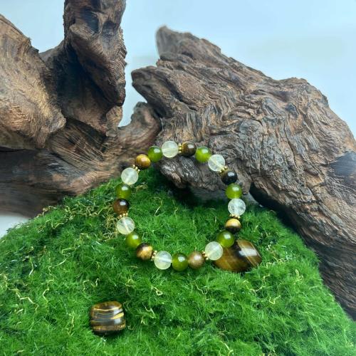 Gemstone Bracelets, Tiger Eye, with Natural Prehnite & Clear Quartz, gold color plated, fashion jewelry, more colors for choice, Sold By PC