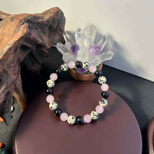 Gemstone Bracelets, Dalmatian, with Obsidian & Rose Quartz, gold color plated, fashion jewelry, more colors for choice, Sold By PC