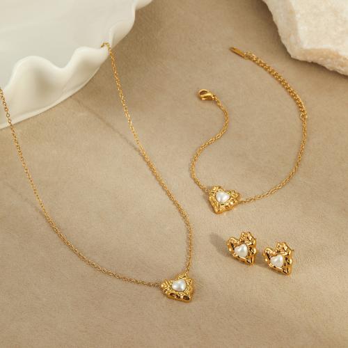 Fashion Stainless Steel Jewelry Sets, 304 Stainless Steel, with Plastic Pearl, Heart, 18K gold plated, fashion jewelry & different styles for choice & for woman, Sold By PC