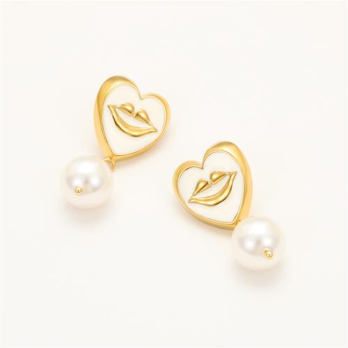 Boucle d'oreille goutte inox, Acier inoxydable 304, avec perle de plastique, Plaqué or 18K, bijoux de mode & pour femme & émail, plus de couleurs à choisir, Vendu par paire