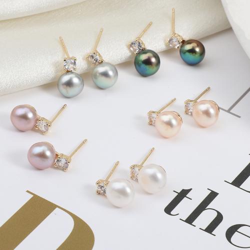 Freshwater Pearl Earrings, with Brass, Flat Round, plated, fashion jewelry & with rhinestone, more colors for choice, nickel, lead & cadmium free, 7-8mm, Sold By PC