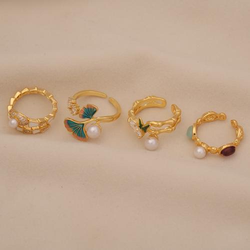 Cubic Zirconia Micro Pave Brass Ring, with Cubic Zirconia & Plastic Pearl, different styles for choice & for woman & enamel, golden, Sold By PC