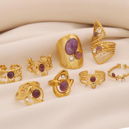 Natural Gemstone Finger Ring, Brass, with Natural Stone, plated, different styles for choice & for woman & hollow, golden, Sold By PC