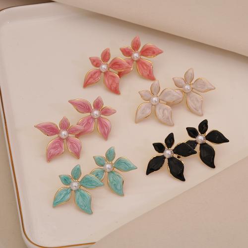 Edelstahl Ohrringe, 304 Edelstahl, mit Kunststoff Perlen, Blume, goldfarben plattiert, Modeschmuck & für Frau & Emaille, keine, verkauft von Paar