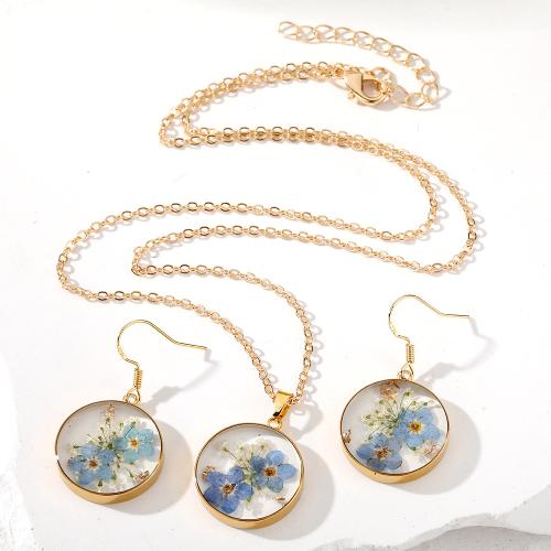 Dried Flower Jewelry Set, earring & necklace, with Epoxy Sticker & Tibetan Style, gold color plated, fashion jewelry, more colors for choice, Sold By Set