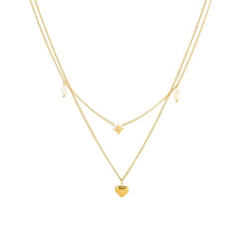 Stainless Steel Jewelry Necklace, 304 Stainless Steel, with Plastic Pearl, plated, Double Layer & for woman & with rhinestone, more colors for choice, Sold By PC