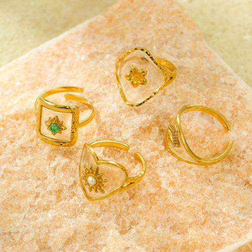 Stainless Steel Finger Ring, 304 Stainless Steel, with Resin, plated, fashion jewelry & different styles for choice & for woman, golden, Sold By PC