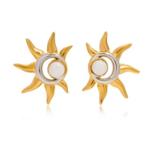 Stainless Steel Stud Earrings, 304 Stainless Steel, with Glass, Sun, plated, for woman & two tone & hollow, Sold By Pair