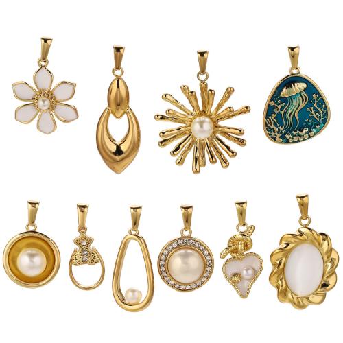 Stainless Steel Pendants, 304 Stainless Steel, with Plastic Pearl, gold color plated, DIY & different styles for choice & with rhinestone, 2PCs/Bag, Sold By Bag