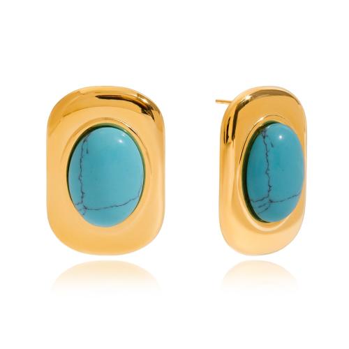 Turquoise Earring, 304 Stainless Steel, with turquoise, plated, fashion jewelry & for woman, golden, Sold By Pair