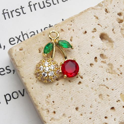 Pendentifs cristal, laiton, avec cristal, cerise, Placage, DIY & pavé de micro zircon, doré, protéger l'environnement, sans nickel, plomb et cadmium, 14.55x3.96x16.64mm, 20PC/sac, Vendu par sac
