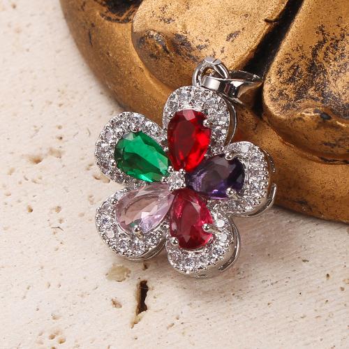 Crystal Pendants, Brass, with Crystal, Flower, plated, DIY & micro pave cubic zirconia, silver color, nickel, lead & cadmium free, 16.47x4.69x22.47mm, 20PCs/Bag, Sold By Bag