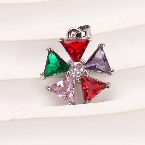 Crystal Pendants, Brass, with Crystal, Flower, plated, DIY & micro pave cubic zirconia, silver color, nickel, lead & cadmium free, 16.66x5.79x21.82mm, 20PCs/Bag, Sold By Bag